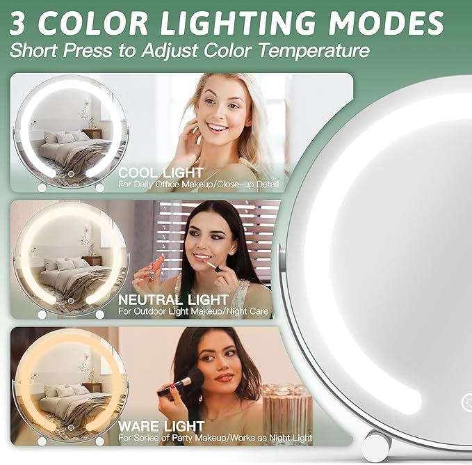 ROLOVE Vanity Mirror with Lights, 12 Inch Light Up Makeup Mirror, LED Makeup Mirror with Lights for Bedroom Tabletop, Smart Touch Control 3 Colors Dimmable, 360° Rotation, White