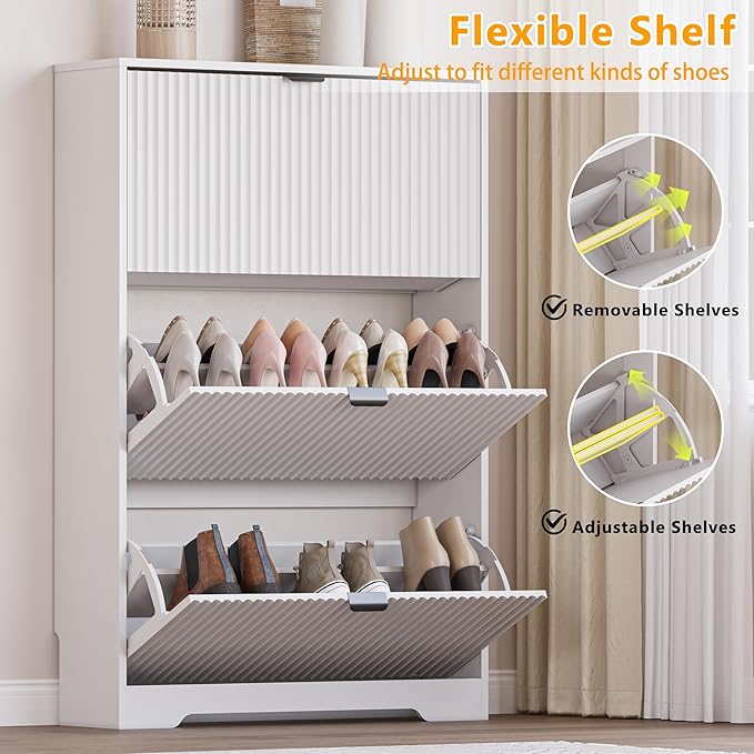 Entryway Shoe Cabinet with 3 Flip Drawers, Narrow Shoe Organizer Cabinet with Fluted Panel and Adjustable Shelves for Foyer, Hallway