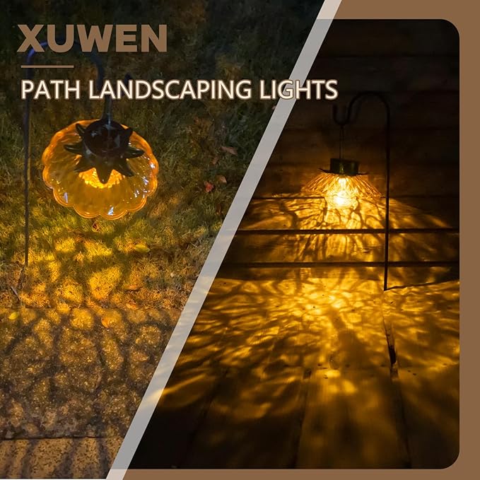 XUWEN Hanging Solar Lantern Outdoor - Yellow Solar Flower Lights with Crackle Globe Glass, Hanging Lanterns Decorative Outdoor for Walkway Pathway Patio Yard, Christmas Housewarming Gifts for Women.