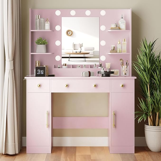 Makeup Vanity Desk with Mirror and Lights, 43" Pink Vanity Set with 3 Drawers, Power Outlet & Adjustable RGB LED Lights, Dressing Table with Storage Shelf for Women & Girls Bedroom