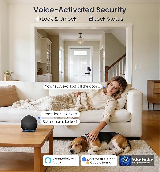 Veise VE012W Built-in WiFi Fingerprint Smart Lock, App Remote Control, Compatible with Alexa & Google Assistant, Keyless Entry for Front Door, Digital Keypad Deadbolt, Auto Lock, Matte Black