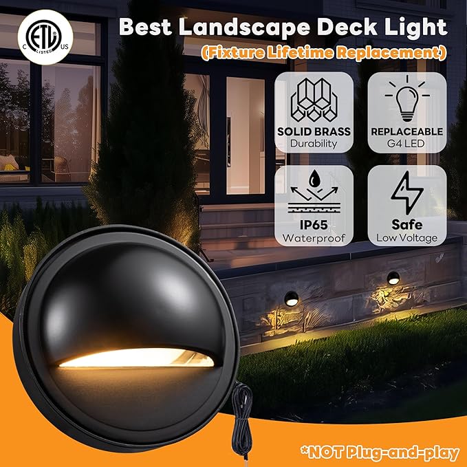 Gardenreet Low Voltage Deck Lights - Solid Brass Landscape Step Lights LED, 12V Hardwired IP65 Waterproof, Outdoor Black Round Lighting for Stair Fence Wall Yard Without G4 Bulb 4 Pack
