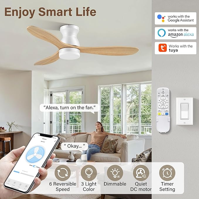 42" Smart Ceiling Fans with Lights Remote,Control via Wifi Alexa Voice,Natural Wood White Flush Mount Ceiling Fan,Quiet DC Motor,3 Blade,Outdoor Indoor Low Profile Fan for Bedroom,Living Room,Patio