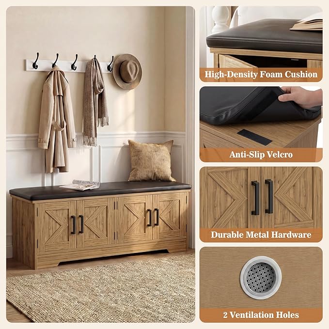 Farmhouse Shoe Storage Bench with Cushion - 43.3" Entryway Bench with Storage & 4 Barn Doors, 2-Tier Wooden Shoe Rack Bench, Shoe Cabinet & Mudroom Bench for Bedroom Hallway Living Room, Brown Oak