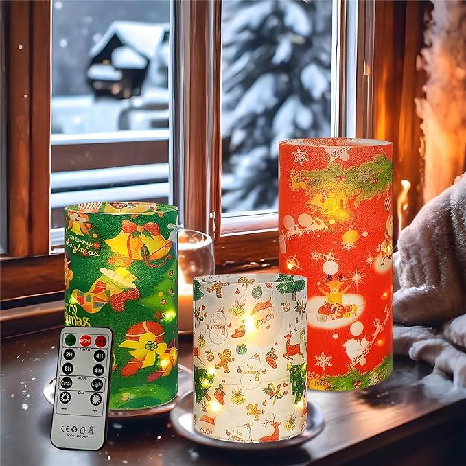 Floral Flameless Candles with String Lights - 3pcs Battery Operated Candle Flickering Christmas LED Pillar Candles with Timer Remote for Home Decor Romantic Ambiance,CH