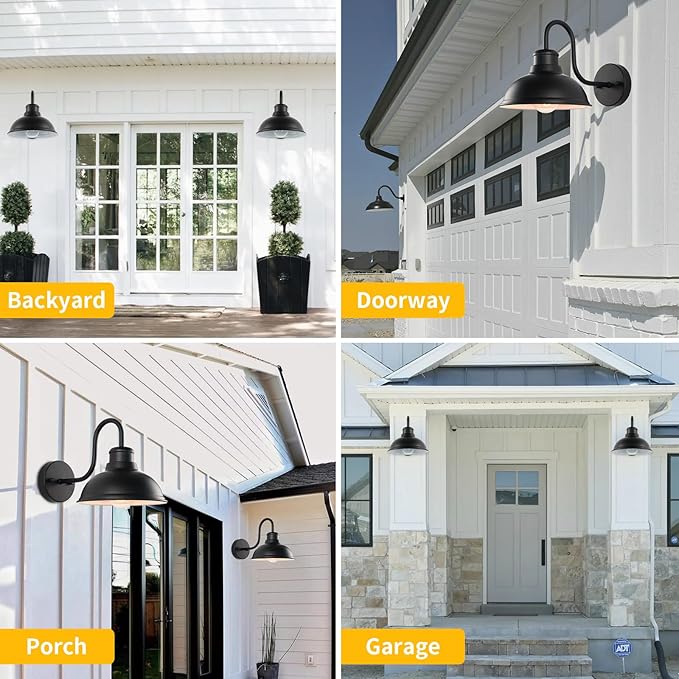 Outdoor Gooseneck Barn Light Outdoor Wall Sconce 8 Inch Farmhouse Exterior Wall Mount Light Vintage Fixture Industrial Matte Black Lantern for Porch, Entryway, Patio（2 Pack）
