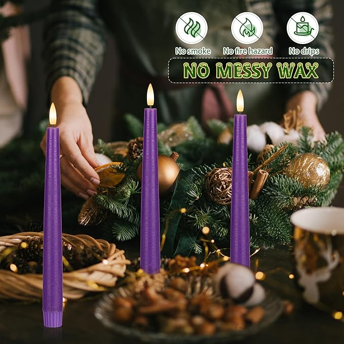 Purple Flameless Taper Candles with 3D Wick, 9.6" Real Wax LED Candles with Remote, 3 Pack Flickering Candlesticks Battery Operated, Classic Tall Taper Candle for Home, Wedding, Party