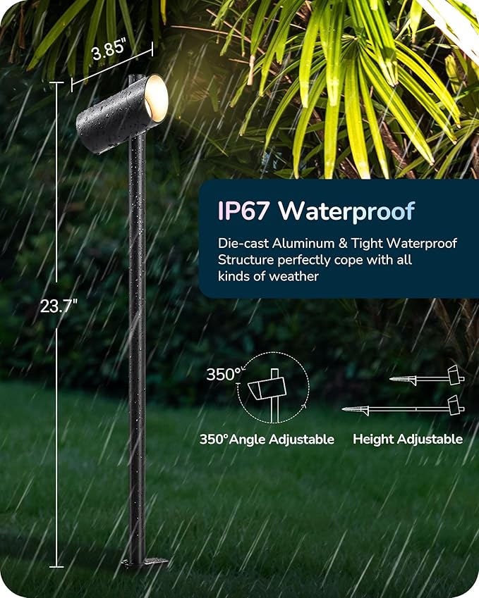 EDISHINE 48Ft Smart LED Landscape Lighting, 300LM Low Voltage Outdoor Spotlgiht, RGBW IP67 Waterproof 12V Landscape Lights, APP Control, Height & 320° Head Adjustable, Compatible with Alexa, 4 Pack