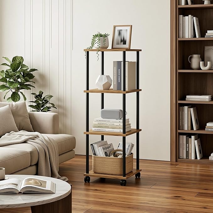 Bathroom Shelving Unit with Wheels, 4-Tier Narrow Open Floor Shelves, Metal Corner Slim Storage Rack for Bathroom Laundry Room Kitchen Living Room, Rustic Brown