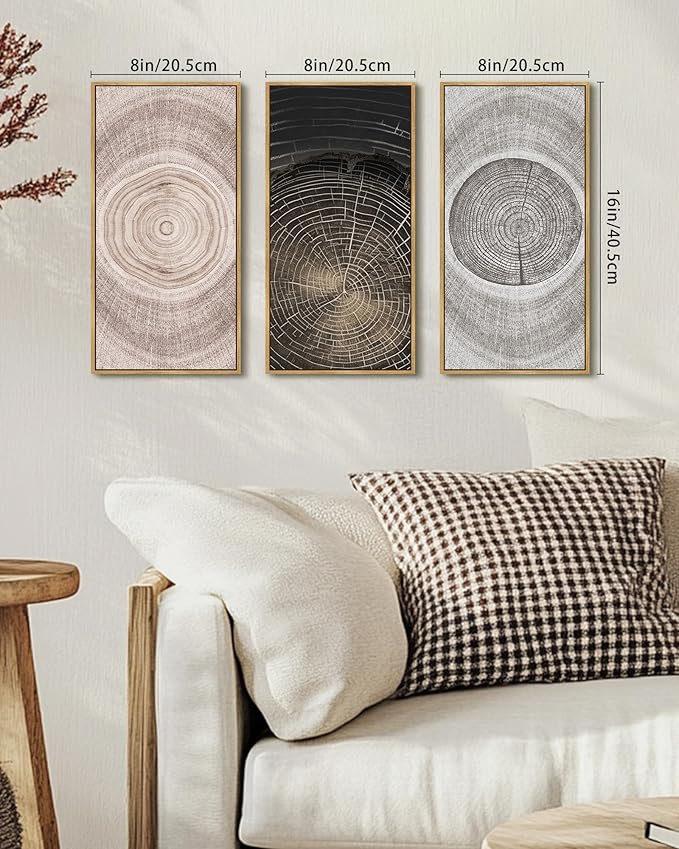 KUVIOKE Vintage Wood Tree Rings Wall Decor Farmhouse Rustic Artwork Living Room Bedroom Art Nature Artwork 8x16in3pcs Natural Framed