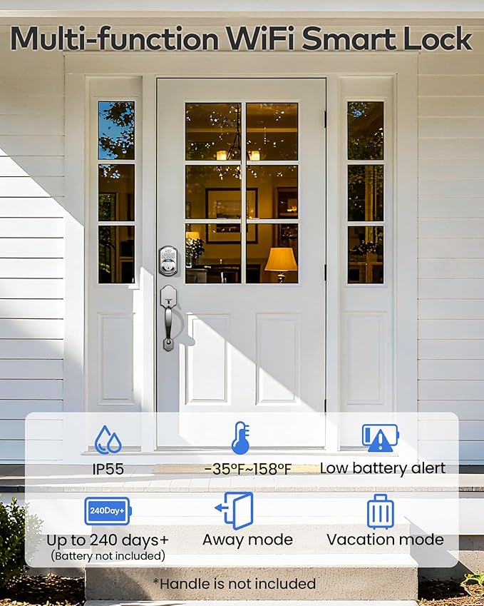 TEEHO TE012W WiFi Smart Lock, Fingerprint Door Lock with Built-in Wi-Fi, Keyless Entry Keypad Smart Deadbolt, App Remote Control, Alexa Compatible, IP55 Waterproof for Front Door – Satin Nickel