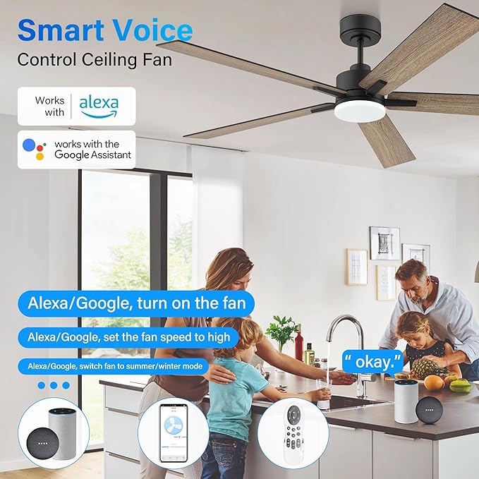 52” Smart Ceiling Fan with Lights Remote,Ultra Silent DC Motor,Control via Alexa Google Voice App Wifi,Outdoor Indoor Modern Ceiling Fans for Bedroom Patio Porch,Dimmable,Black Walnut Brown