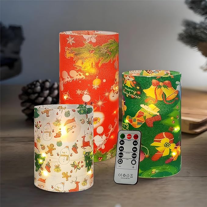 Floral Flameless Candles with String Lights - 3pcs Battery Operated Candle Flickering Christmas LED Pillar Candles with Timer Remote for Home Decor Romantic Ambiance,CH