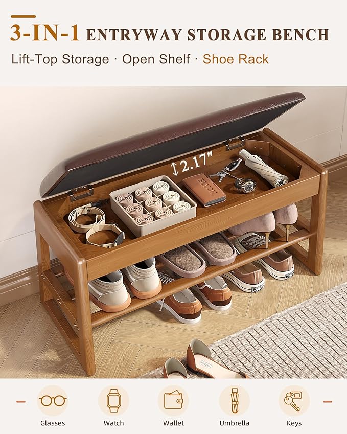 Shoe Rack Bench with Hidden Storage, 2-Tier Solid Rubberwood Entryway Bench with Soft Leather Cushioned Seat & Flip-Top Storage, 330lbs Capacity, Wooden Shoe Organizer for Hallway, Closet, Foyer