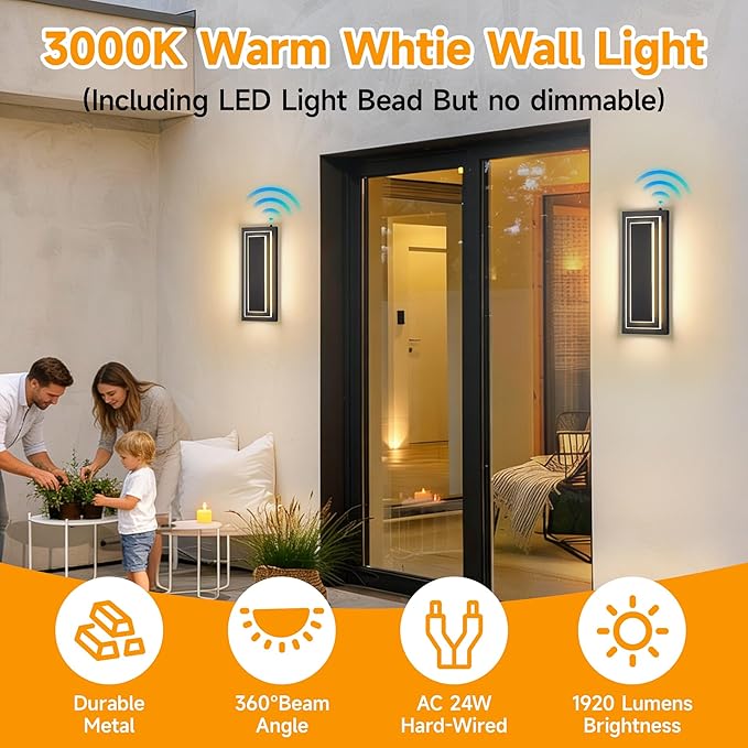 Dusk to Dawn Outdoor Wall Light,15.7 in Black Exterior Light Fixtures,2-Tier Waterproof Modern Outside Lights for House,Porch,Garage,Front Door,Patio with 24W 3000K Warm White Light,1 Pack