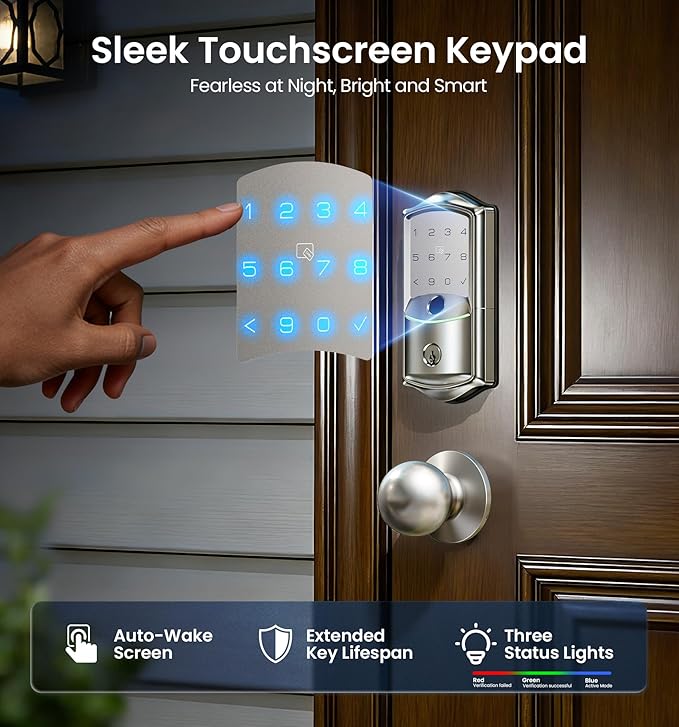 Veise VE027 Built-in Wi-Fi Smart Lock, Fingerprint Keyless Entry Front Door Lock, App Remote & Voice Control, No Hub Needed, Touchscreen Keypad Deadbolt, IP65 Waterproof, BHMA Grade 3, Satin Nickel