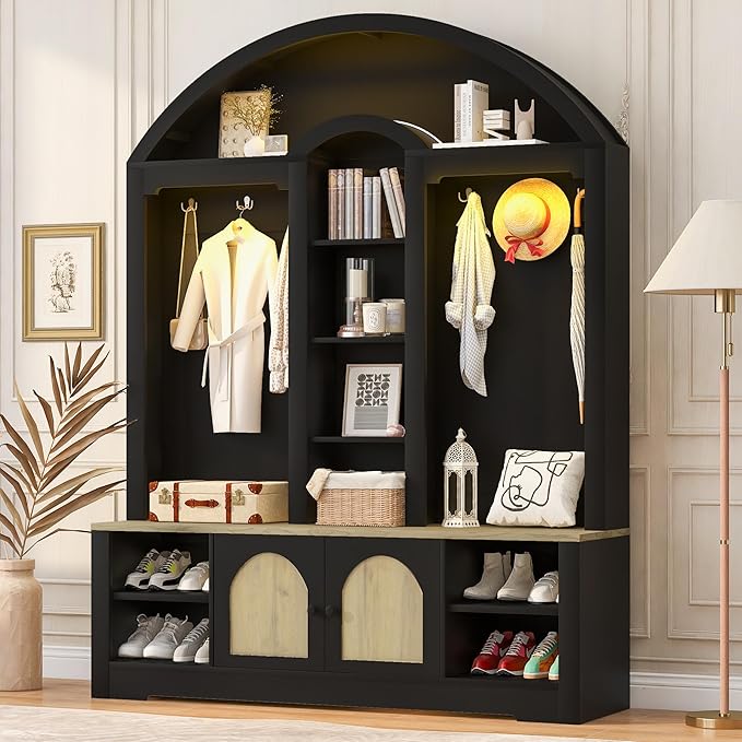 Merax 59" Multi-Functional Hall Tree with Shoe Racks, Curved Style Scandinavian Entryway Organizer with Hangers, Hooks & Shelves for Mudroom, Living Room, Black+Natural