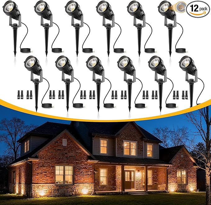 L LOHAS LED 5W Low Voltage Landscape Lighting, Christmas Outdoor Spot Lights with Connectors, 12V 24V IP66 Waterproof 3000K Warm White Plug in Spotlights for Yard, Garden, Pathway, House (12 Pack)