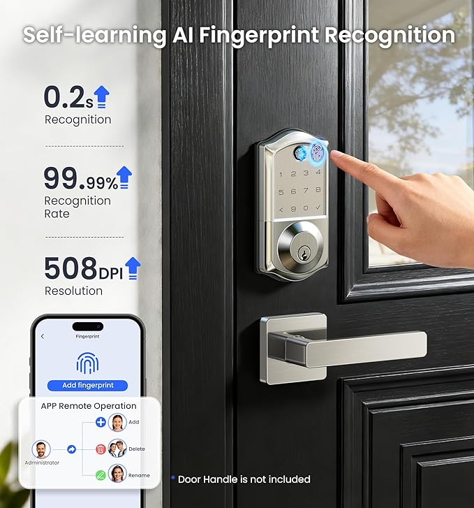 Veise VE017G Wi-Fi Keyless Entry Door Lock, App Remote & Voice Control, Fingerprint Smart Locks for Front Door, Touchscreen Electronic Keypad Deadbolt, Auto Lock, Emergency Power Port, Satin Nickel