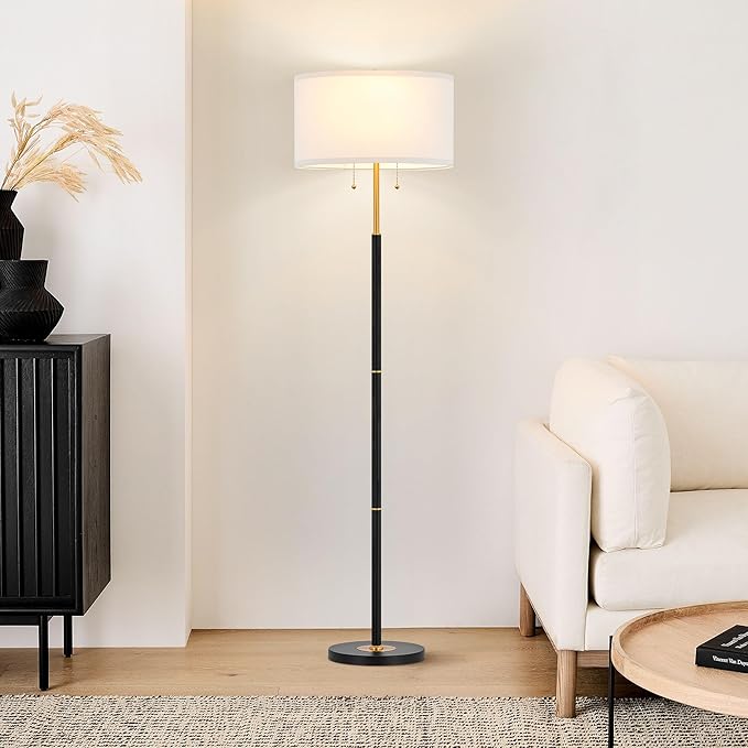 ELYONA 2-Light Floor Lamp Modern Reading Standing Light 3 Color Temperatures LED Bulbs Include White Fabric Shade Vintage Tall Pole Corner Lamp for Bedroom Living Room Office, Black & Brushed Gold