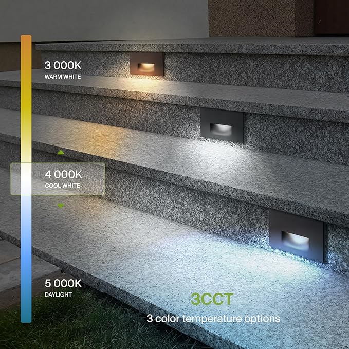 ASD LED Recessed Step Light Fixture, Outdoor & Indoor Stair Tread Lighting | 3CCT, Dimmable, Waterproof, ETL Listed | 3W 120LM 3000K-5000K 120V | Staircase Hardwired Illumination | Dark Bronze, 4 Pack