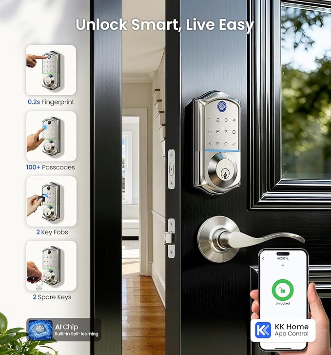 Veise VE017-L Fingerprint Smart Lock with Lever Handles, App Control, Keyless Entry Front Door Lock Set, Electronic Digital Keypad Deadbolt, Remote Grant, Emergency Power Port, Auto Lock, Satin Nickel