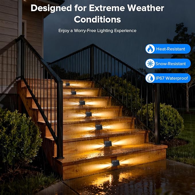 2 Pack Motion Sensor Solar Step Lights,IP67 Outdoor Waterproof LED Stair Lights, 3 Color Temp & Double-Sided Lighting, Outside Decor Light for Deck,Porch,Railing,Fence,Walkway, Yard,Wall,Patio.