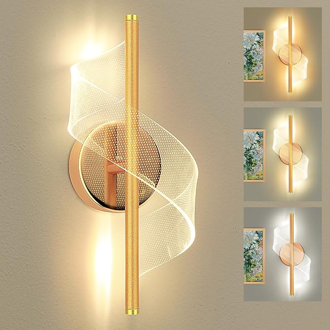 Modern LED Wall Sconce - 12" Height Spiral Wall Lamp with Acrylic Shade - 3000K 4000K 6000K Indoor Hardwired Wall Fixture for Bedroom Living Room Hallway Corridor (Gold 1pack)