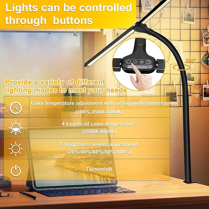 Double Head LED Desk Lamp for Office - Eye Caring Lamp with Clamp, Flexible Adjustable Lighting Gooseneck Desk Light, 4 Color Modes & 5 Brightness Levels for Monitor Workbench Study Reading