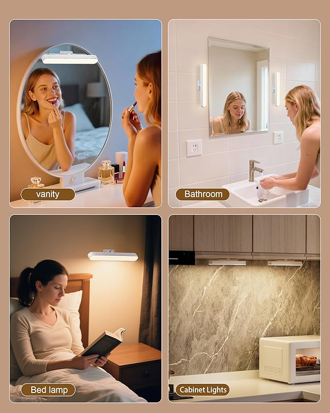 LED Vanity Lights for Mirror, White Wireless Makeup Mirror Lights with 4000mAh Battery, 3 Color Temperatures & Dimmable, Magnetic 360° Rotation, Stick On Design for Bathroom & Vanity
