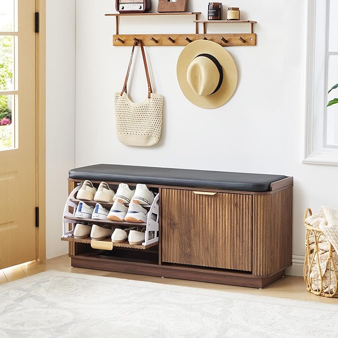 43.3''W Fluted Shoe Rack Bench with 2 Flip Drawers, Entry Bench Seat with 3-Tier Shoe Storage and Leather Cushion, Shoe Organizer Bench for Entryway, End of Bed, Living Room, Hallway - Walnut