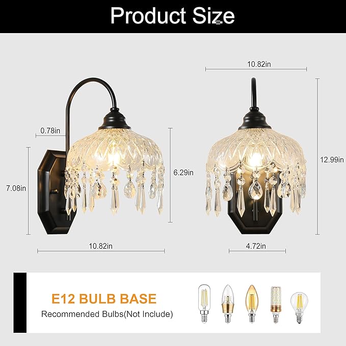 2-Pack Vintage Glass Crystal Wall Sconce, Matte Brushed Antique Black Finish, for Bedroom Bathroom Hallway Living Room