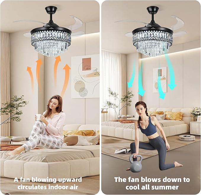 BAYSQUIRREL Retractable Crystal Ceiling Fan with Lights, Bluetooth Ceiling Fan with Speaker, 6-Speed Reversible Blades, RGB-LED Light, Low Profile Modern Fandelier Fan for Bedroom Living Room 42"