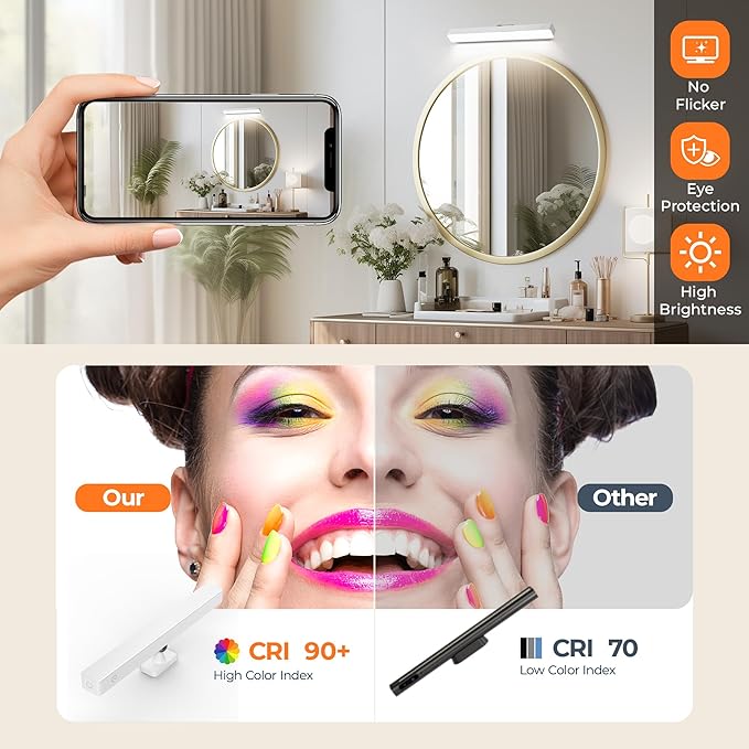 Rechargeable LED Vanity Mirror Light - Dimmable 6500K Makeup Light with Timer, 360° Adjustable Angle, Wireless Cordless Suction Stick-On Installation for Bathroom, Portable Vanity Lighting