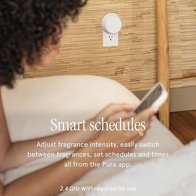Pura Smart Home Fragrance Device Starter Set - Pura 4 - Scent Diffuser for Home - Includes Fragrance Aroma Diffuser - Square Box, Cardamon Vanilla and Ylang Pistachio Scent Refills