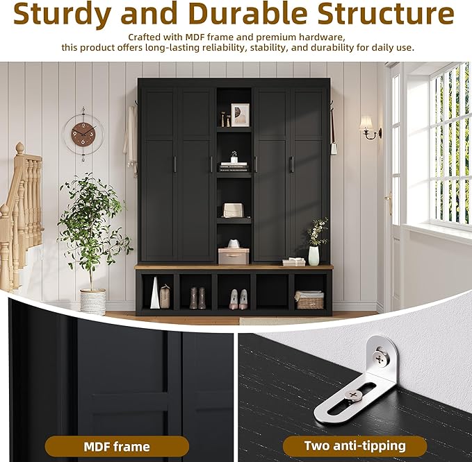 Merax Modern Farmhouse Hall Tree with Bench, 4-in-1 Entryway Storage Cabinet & Shoe Organizer with Hooks, Black