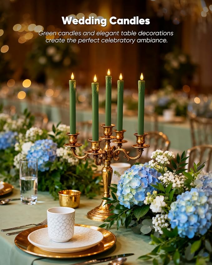 Homemory 6 Pcs Real Wax Green Flameless Taper Candles with Remote Timer, 9.6 Inches LED Fake Candlesticks, LED Candle with 3D Flickering Flame for Romantic Wedding, Dinner, Xmas Anniversary Decor