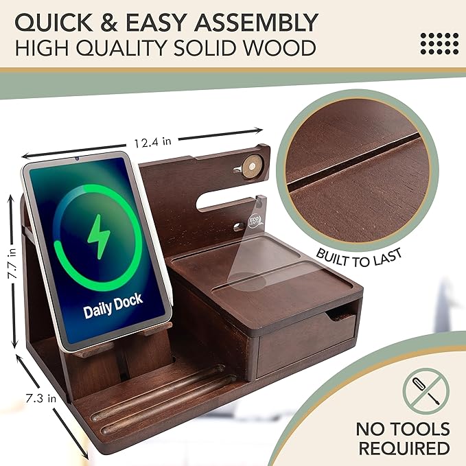 Nightstand Organizer- Bedside Docking Station for Men- Unique Gifts for Husband, Father or Dad from Wife, Son or Daughter- Desk Organizer for Phone, Watches, Wallet & Accessories (Brown)