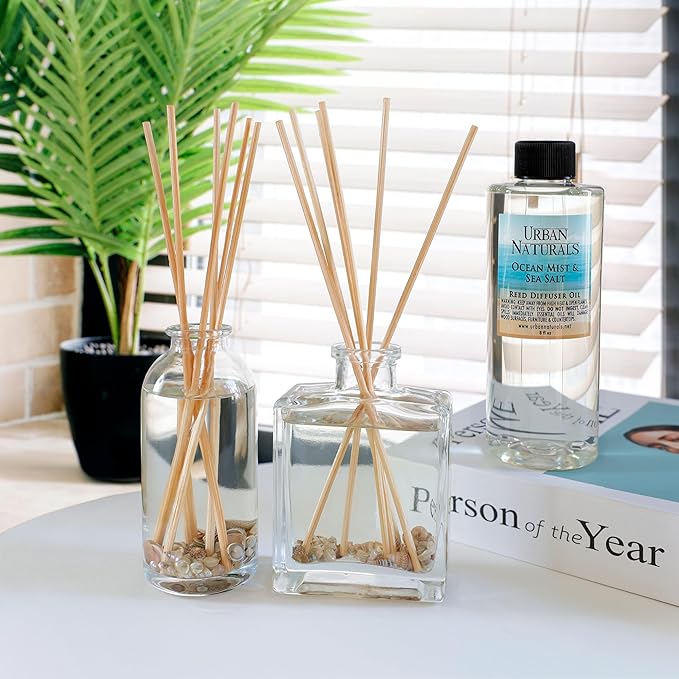 Urban Naturals Reed Diffuser Oil Refill Eucalyptus Spearmint with Lemon Peel, Clary Sage 8 oz + Free Reed Sticks, Made in the USA
