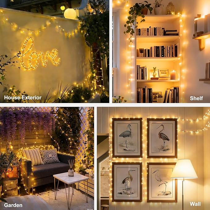 suddus Flexible Copper String Lights Waterproof Decorative Fairy Lights Warm White, 2Pack Total 132ft 400 LED Battery/USB Operated Twinkle Lights for Bedroom, Dorm Decor
