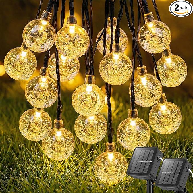 Metaku 2 Pack Solar String Lights for Outside, Total 72FT 120 LED Crystal Globe String Lights, Solar Powered Outdoor Lights with 8 Lighting Modes, Patio Light for Garden, Camping and Party Warm White