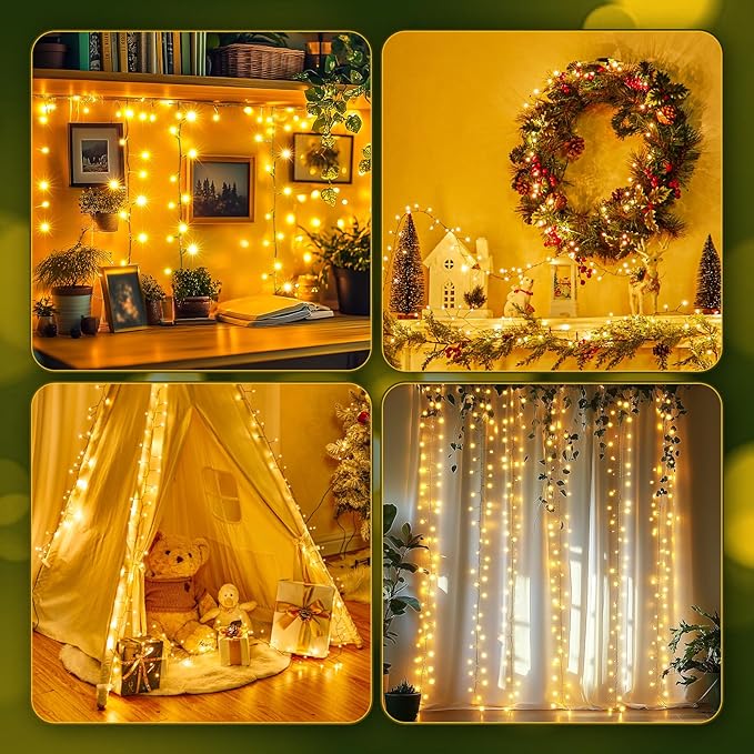 Battery Operated Cluster Lights, 10FT 100 Micro LEDs, Outdoor Twinkle Firecracker Fairy Lights, Warm White, Green Wire String Lights, Waterproof, Christmas Tree, Wreath, DIY Wedding, Christmas Decor