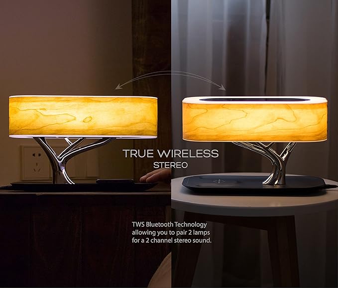 Bonsai Modern LED Bedside Smart Table Lamp with Built-in TWS Bluetooth Speaker and Qi Wireless Charger for Home and Office, Stepless Dimming with Sleep Mode (Tree of Light)