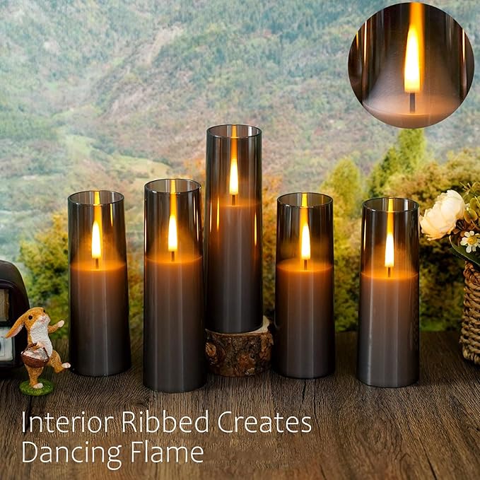 8 Packs Flameless Candles, Battery Operated with Remote, Arcylic Ribbed LED Flickering Candles, Realistic Dancing Flame Pillar Candles for Home, Wedding, Christmas Party D2.2 (Grey)