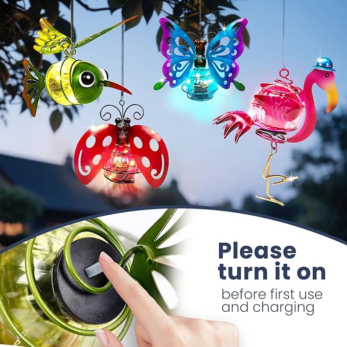 4-in-1 Solar Hanging Lights LED Outdoor Garden Decor Light Waterproof Powered Unique Decorations for Sister Birthday Gardening Gifts for Mom Women Backyard Yard Path Front Porch Balcony
