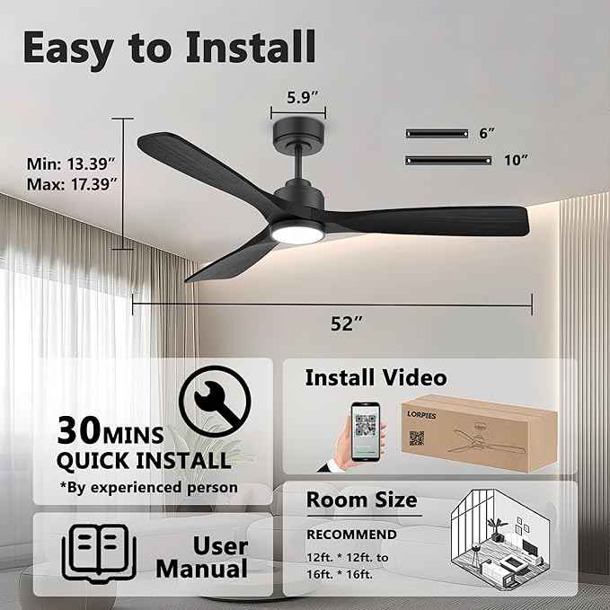 52 Inch Wood Smart Ceiling Fans with Lights Remote,Voice Control via WIFI Alexa App,Quiet DC Motor,Outdoor Indoor Ceiling Fan,Dimmable,Modern Black Lighting & Ceiling Fan for Bedroom Patio Porch