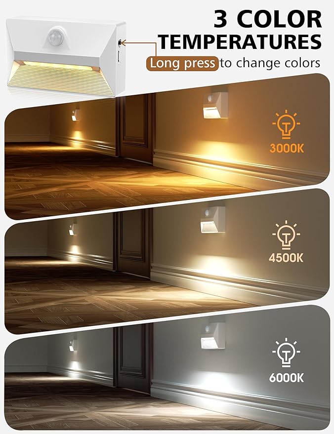 NIORSUN Motion Sensor Stair Lights Indoor, 2000mAh Battery Operated Night Light, 3 Color Temperature with Light Sensor for Stairway, Hallway, Bathroom, Kitchen, Bedroom White 4 Pack