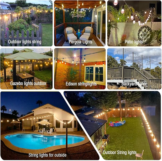 150 FT Outdoor String Lights for Outside Black with 48pcs Replaceable S14 Edison Lights 2200K, Weatherproof for Patio Pergola Gazebo Backyard, 1-Pack, Hooks and Zip Ties Included, Connectable