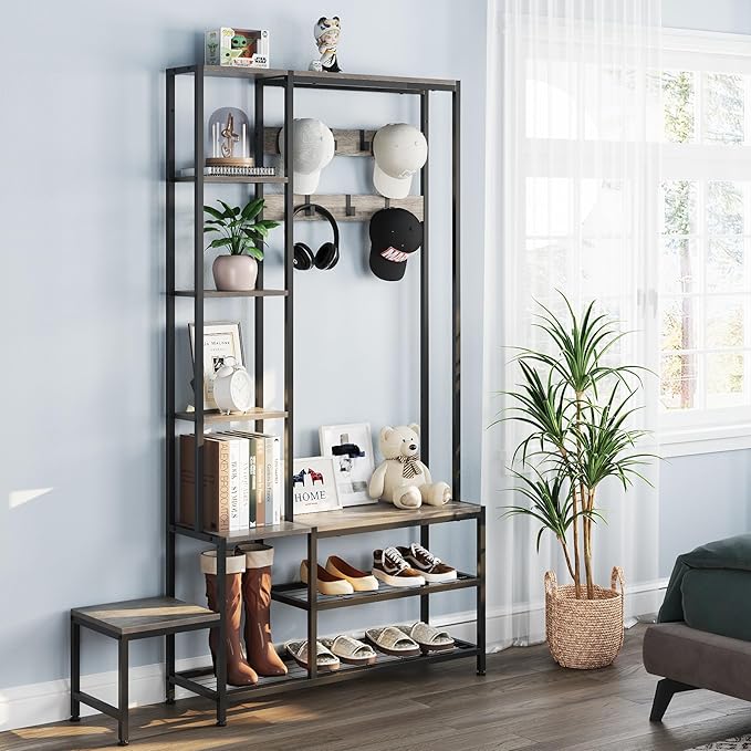 Hall Tree with Shoe Storage Bench Coat Rack with 7 Hooks Interchangeable 4 Tier Side Storage Shelves Small Cute Side Bench Industrial 5-in-1 Entryway Coat Rack for Hallway Mudroom Bedroom