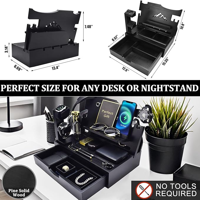 Nightstand Organizer for Men with Large Drawer, Wood Phone Docking Station for Phone, Apple Watch, Wallet & Keys, Ideal Birthday Gift for Father Husband, Bedside Desk Organizer (Black)